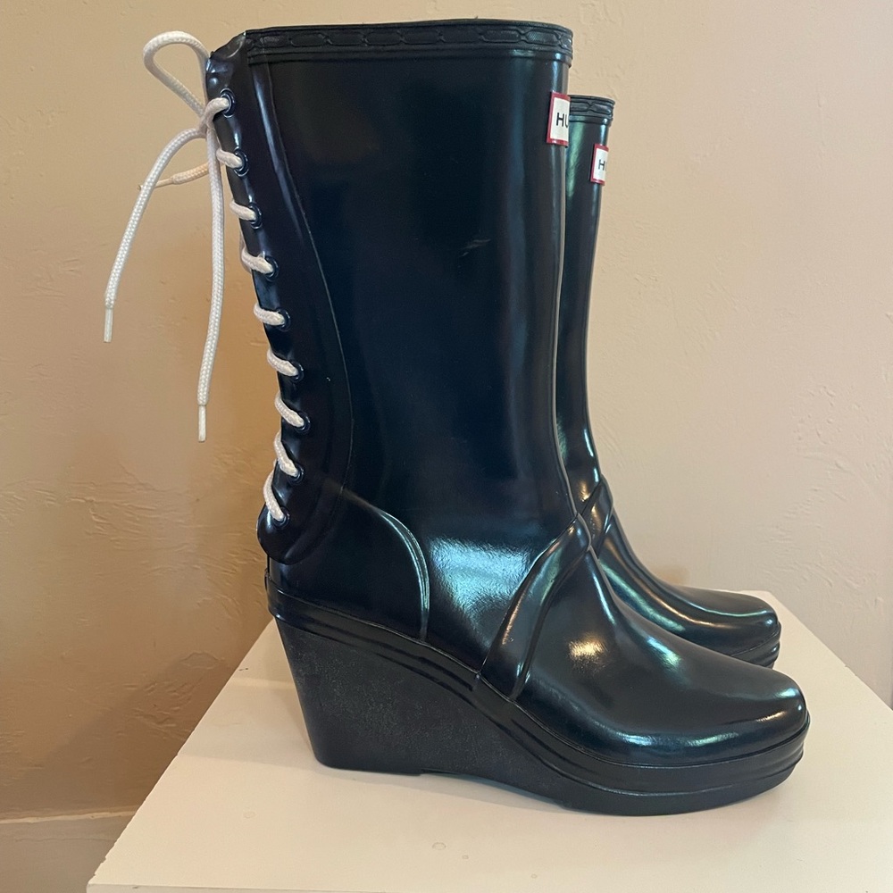Navy Blue Hunter Lace Up wedge rain rubber boots